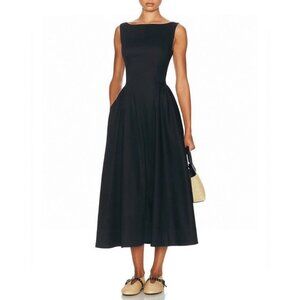 Helsa Stretch Cotton Sateen Black Midi Dress